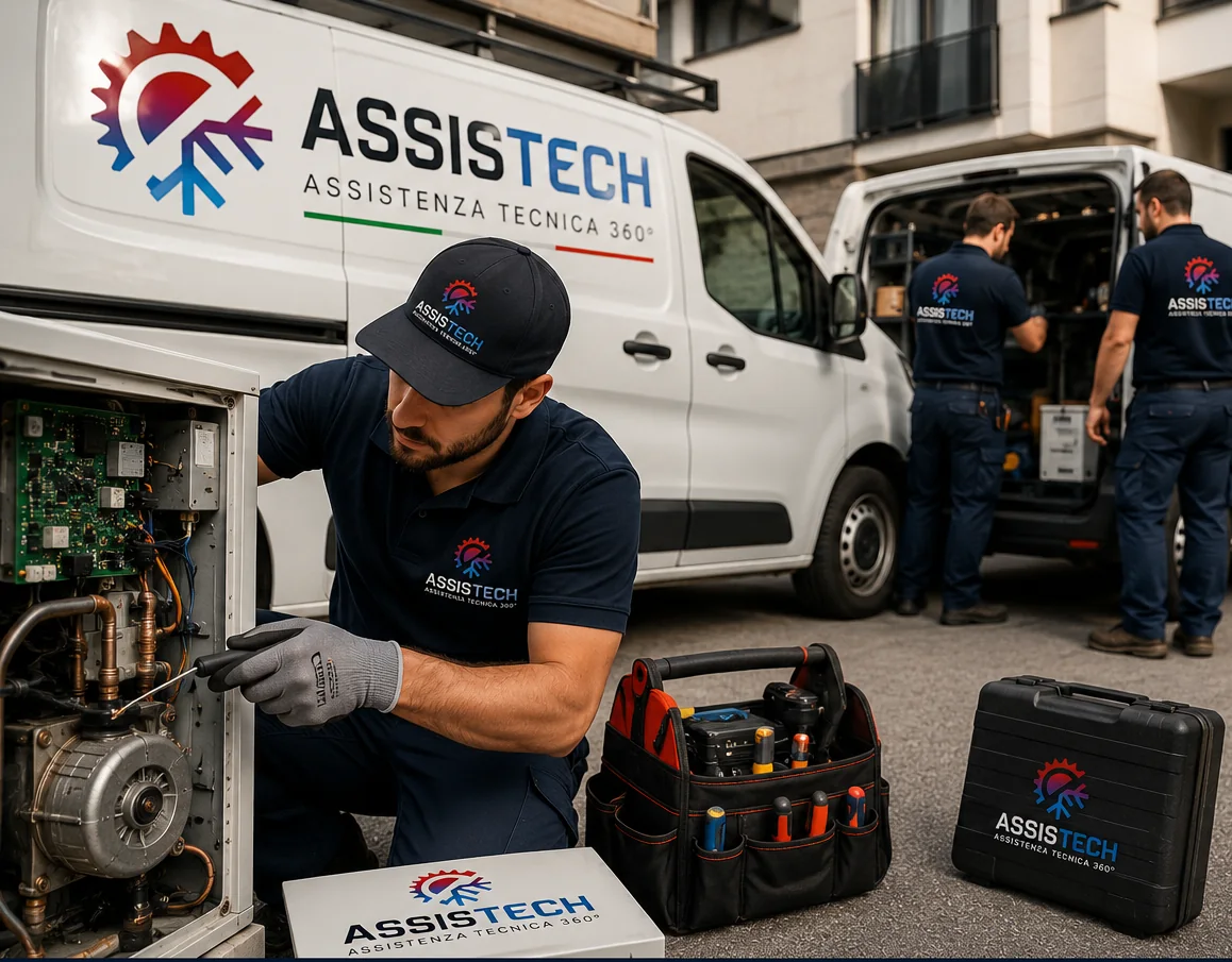 Tecnici Assistech al lavoro su una caldaia accanto ai furgoni aziendali