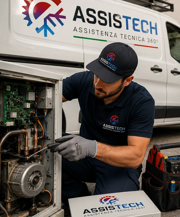 Tecnico Assistech in divisa aziendale durante un intervento